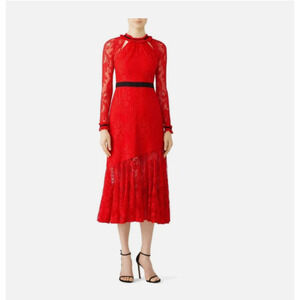 Romantic Three Floor Split Tease Cutout Long Sleeve Floral Lace Maxi Dress Red 8